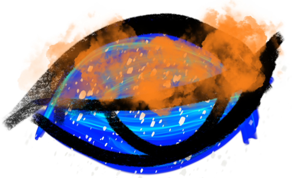 A digital drawing lydia made of an eye with dark and light blue paint and white speckles, with orange smoke rising over the eyelid